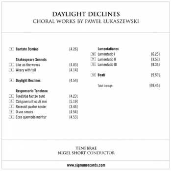 CD Tenebrae: Daylight Declines: Choral Works By Paweł Łukaszewski