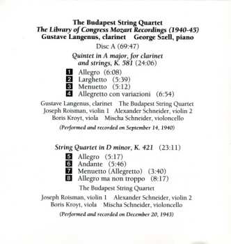 2CD Budapest String Quartet: The Library Of Congress Mozart Recordings (1940-1945)