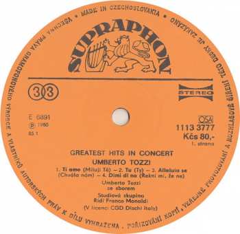 LP Umberto Tozzi: Greatest Hits In Concert
