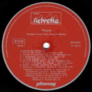 LP Various: Ticino (Musica E Canti Della Svizzera Italiana)