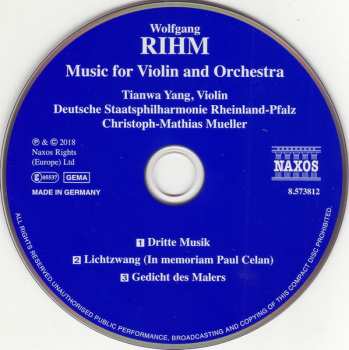 CD Wolfgang Rihm: Lichtzwang (In Memoriam Paul Celan) / Dritte Musik / Gedicht Des Malers