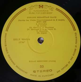 LP Johann Sebastian Bach: Sonata For Violin Unaccompanied In C Major, BWV 1005 / Partita For Violin Unaccompanied In C Major, BWV 1006